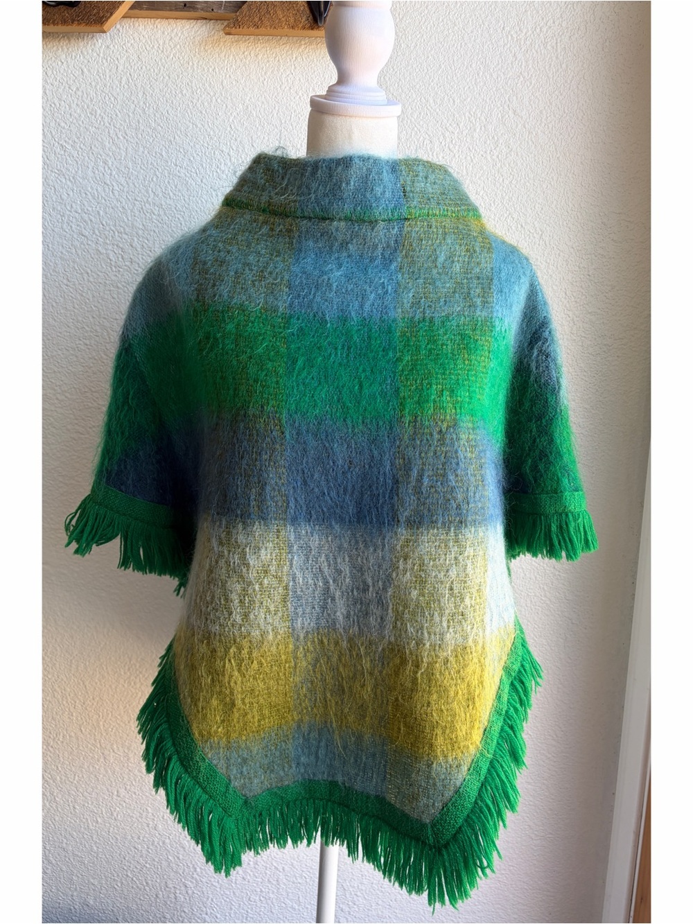 70s Green Mohair Plaid Fringe Poncho
